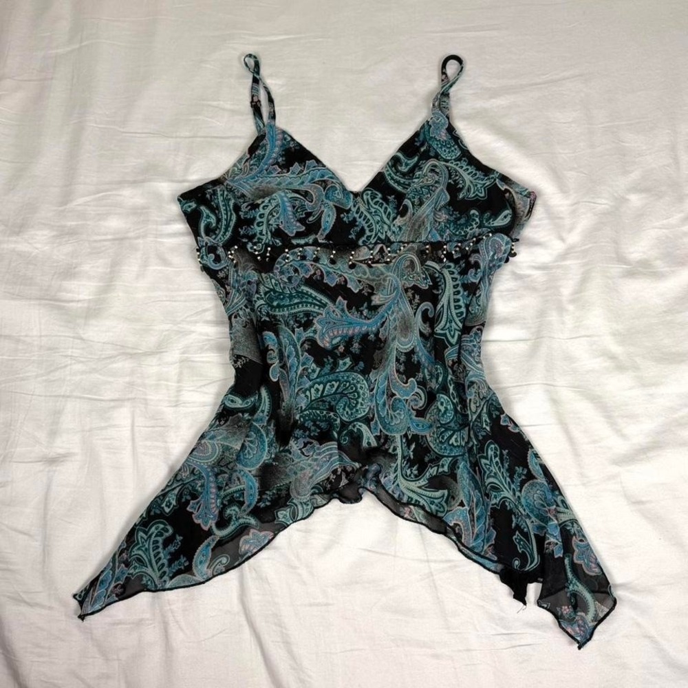 Vintage y2k Blue & black paisley fairy beaded babydoll asymmetrical tank top